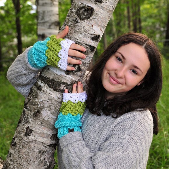 Handmade Aqua Chartreuse and White Fingerless Gloves Made in Canada - Picture 2 of 2